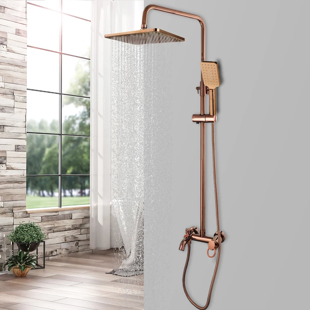 JIENI Luxury Rose Golden Shower Faucet Set Solid Brass Handle Bathroom Bathtub Mixer Rainfall Hand Shower & Spray Shower Facuet