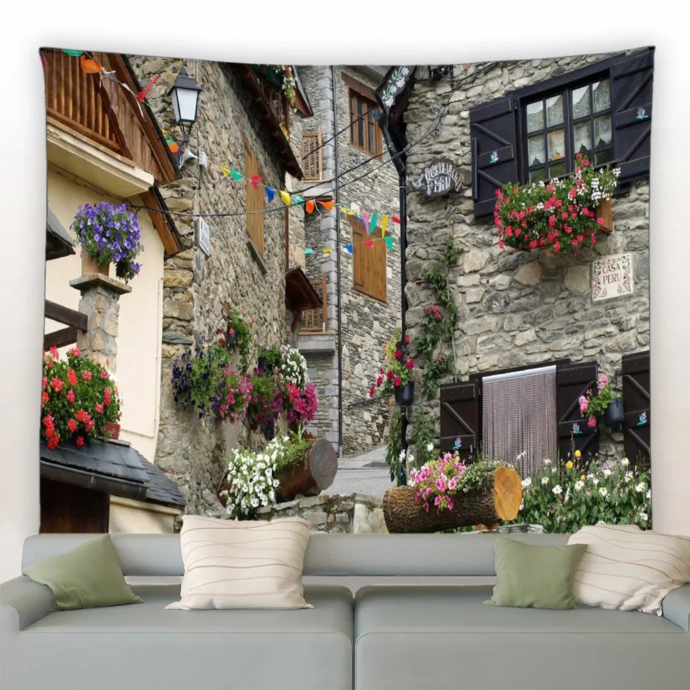 Landscape Wall Hanging Tapestry Ltaly Rural Small Town Street Architecture Retro Style Background Decor Hippie Bedroom Blanket