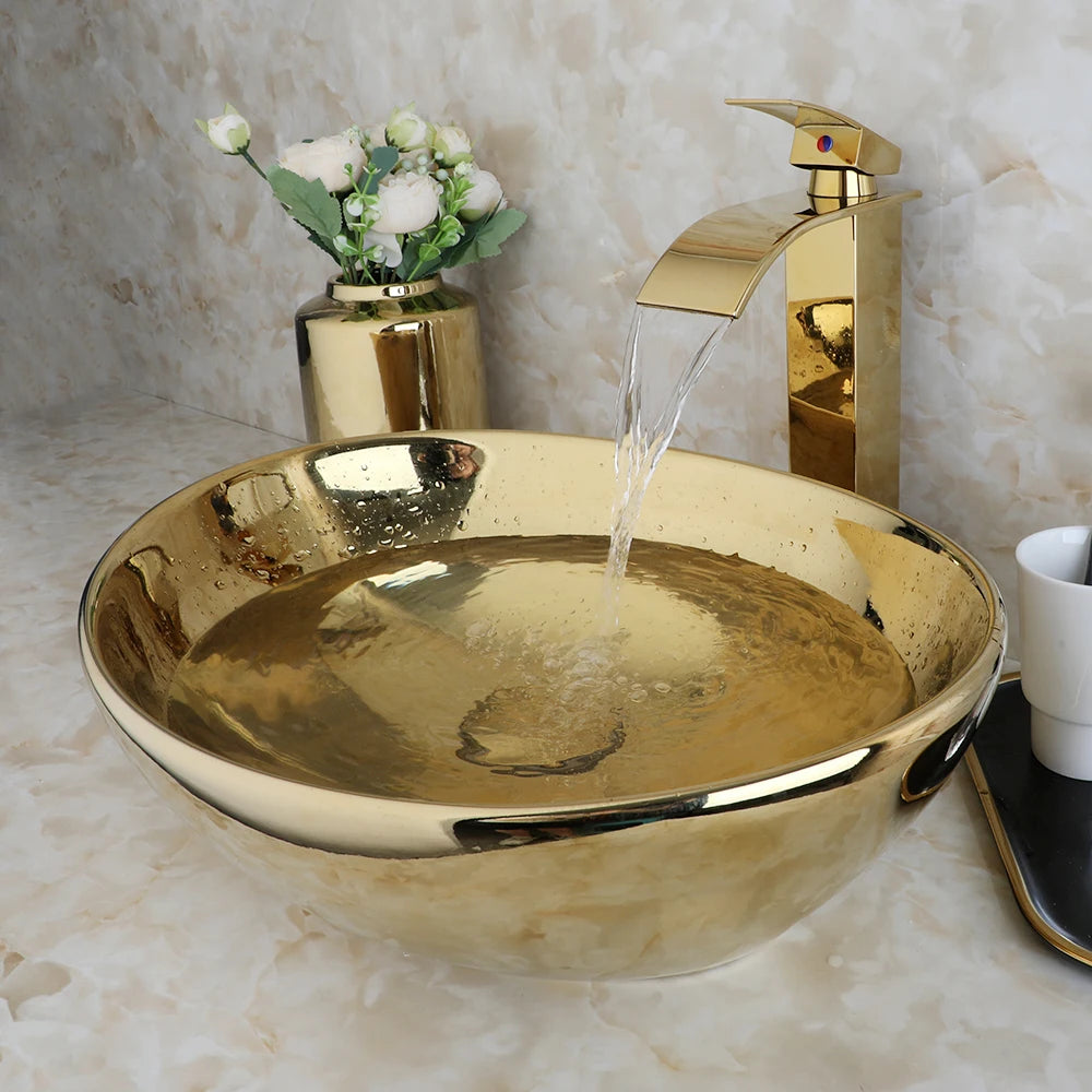 KEMAIDI Bathroom Vessel Sink 16 Inch Gold Ceramic Sink Bowl With Faucet Oval