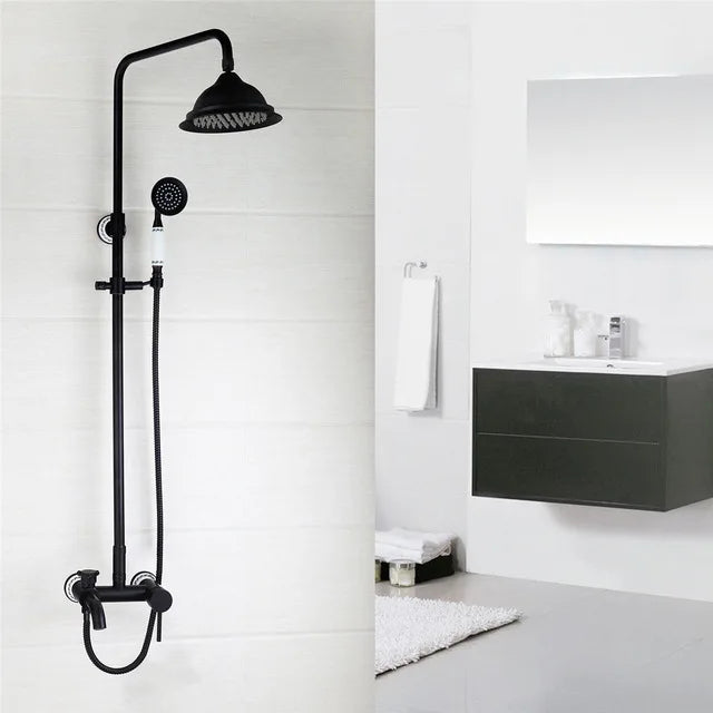 KEMAIDI Bathroom Black Shower Set Wall Mounted 8" Rainfall Shower Faucet 3-functions 2 Cross Handles Solid Brass Shower Fixtures