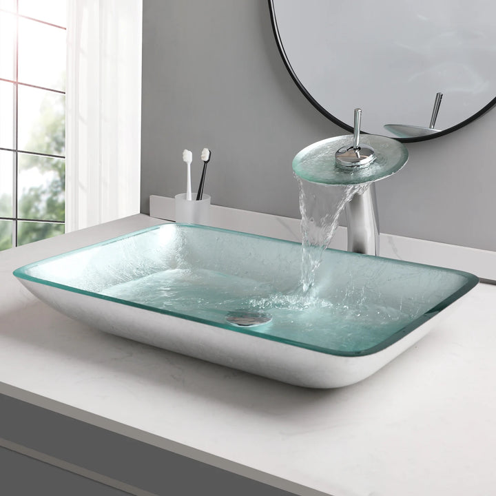 KEMAIDI Big Tempered Glass Basin Sink Washbasin Bathroom Vessel Sinks Counter Top Bowl Washroom Vessel Vanity Sink Faucet Set