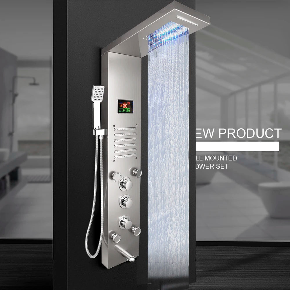 KEMAIDI Black Column  Shower Faucet Bath Shower System Temperature Digital Display LED Shower Panel Body Massage Jets 12 Choice