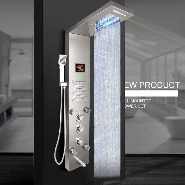 KEMAIDI Black Column  Shower Faucet Bath Shower System Temperature Digital Display LED Shower Panel Body Massage Jets 12 Choice