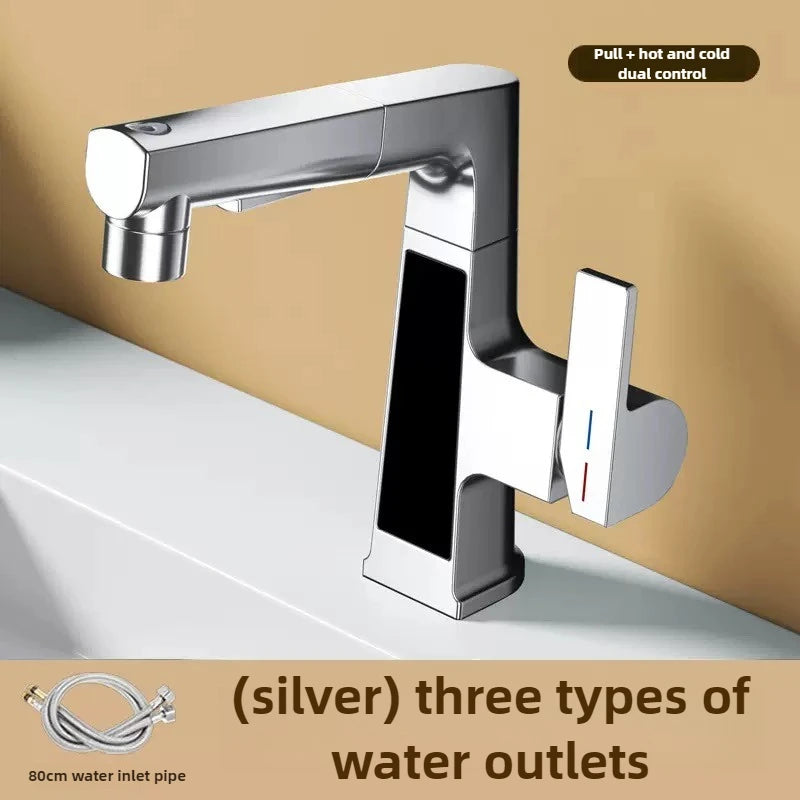 Digital Display Pulling Faucet Intelligent Temperature Sensor Brass Washbasin Taps Rotating Lifting Cold and Hot Water Mixer Tap