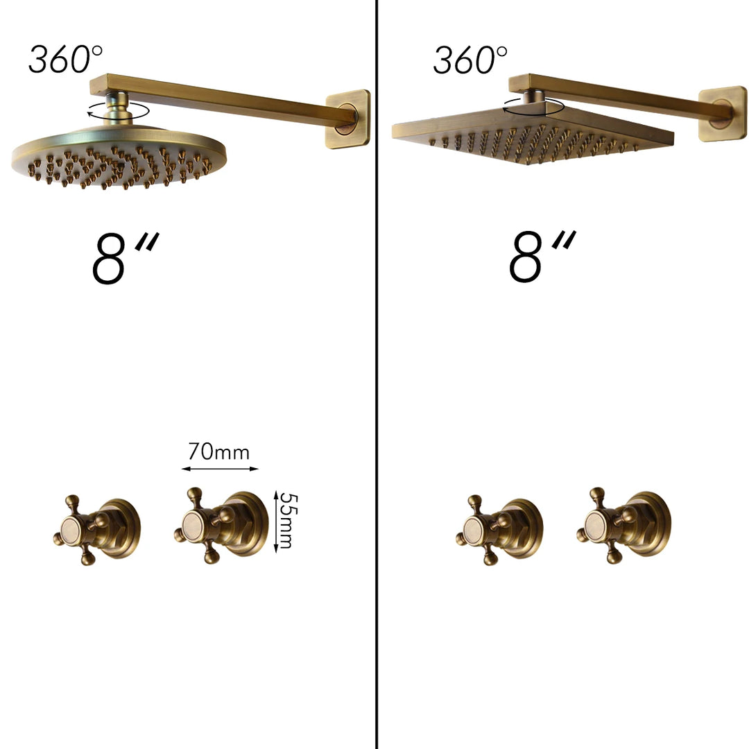 KEMAIDI Shower Faucet Sets 8 inch Antique Brass Round Rainfall Shower Head Wall Mounted Bathroom 2 Handles Shower Systerm