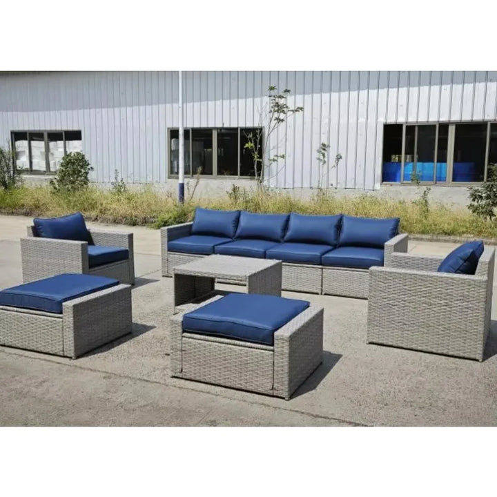Contemporary Outdoor Garden Pe Rattan Wicker Sofa Furniture Set Of 9 Pieces