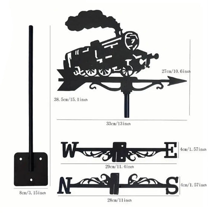 Train Metal Weathervane Wind Vane Iron Ornament Roof Mount Retro Weathercock Wind Direction, for Porch Deck Outdoor Yard Garden