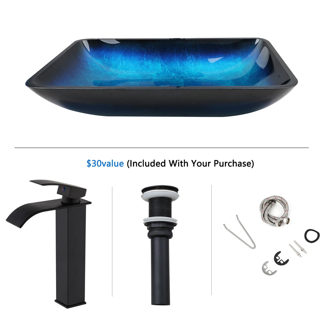 KEMAIDI Big Tempered Glass Basin Sink Washbasin Bathroom Vessel Sinks Counter Top Bowl Washroom Vessel Vanity Sink Faucet Set