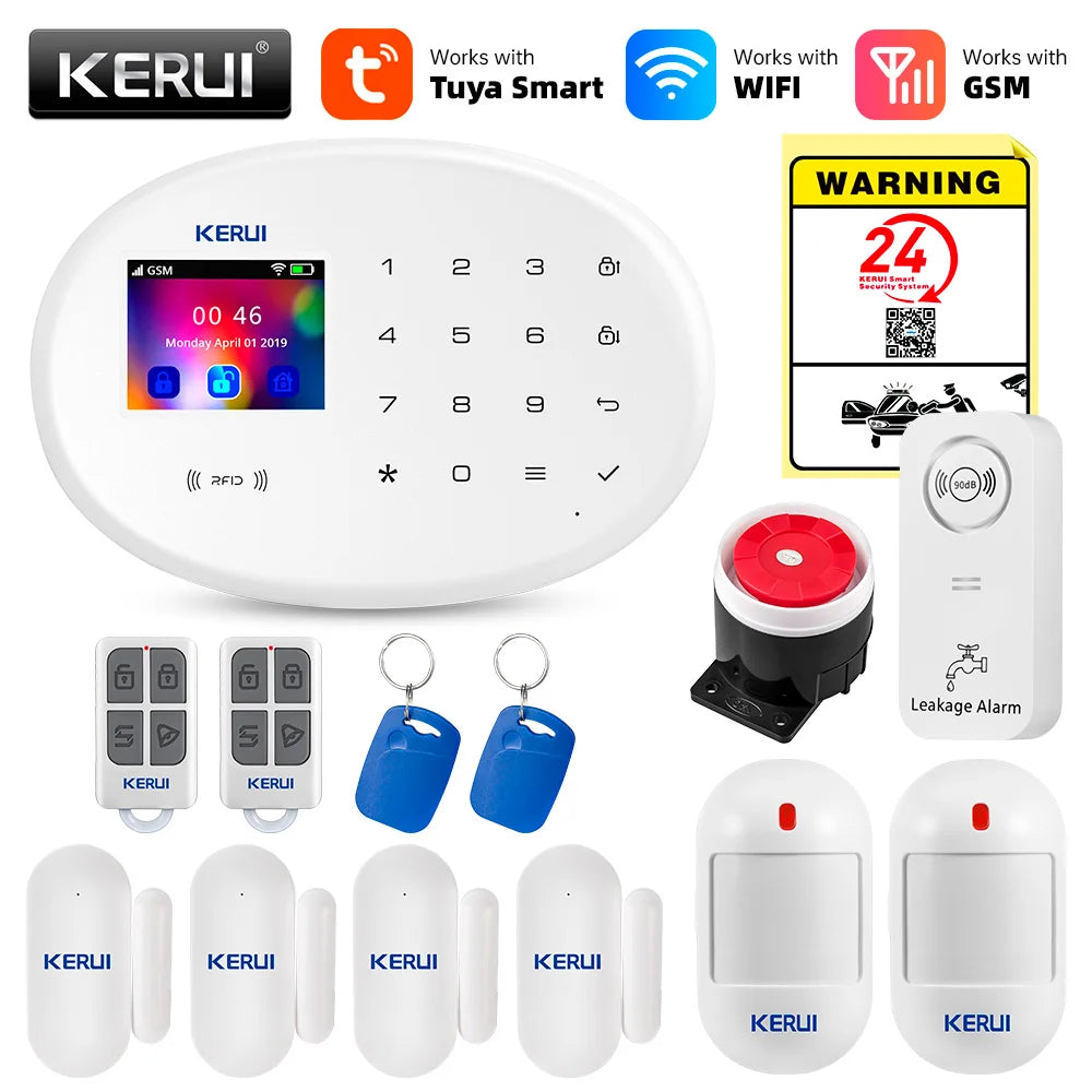 KERUI Tuya Smart WIFI GSM Alarm System Works With Alexa Home Security Wireless 433Mhz Burglar Alarm Door Window Sensor Detector