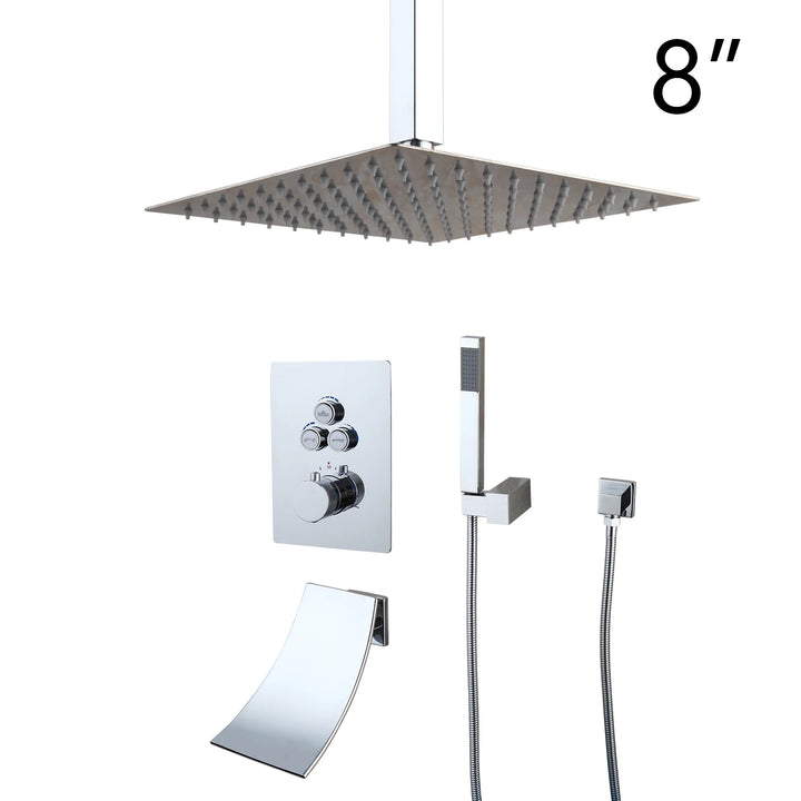 KEMAIDI Bathroom Wall Mount Thermostatic Rainfall Shower Faucet Set Chrome Concealed Shower System Waterfall Tub Spout Mixer Tap