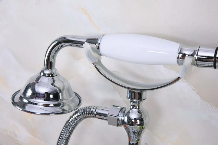 Dual Cross Handles Chrome Finish Bathroom Tub Faucet with Hand Held Shower Sprayer