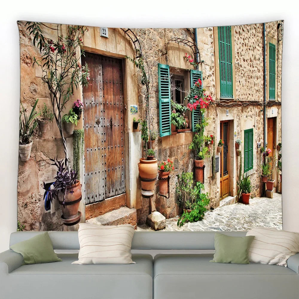 Landscape Wall Hanging Tapestry Ltaly Rural Small Town Street Architecture Retro Style Background Decor Hippie Bedroom Blanket