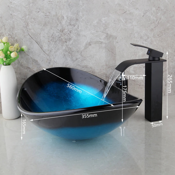 KEMAIDI Bathroom Sink Countertop Basin Bowl with Faucet Washroom Vessel Vanity Sinks Tempered Glass Basin Washbasin Faucet Set