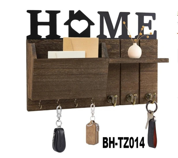 Key and Mail Holder for Wall, Wooden Key Holder and Mail Organizer for Wall Mount with 7 Hooks, Decorative Hanging Rustic Decor