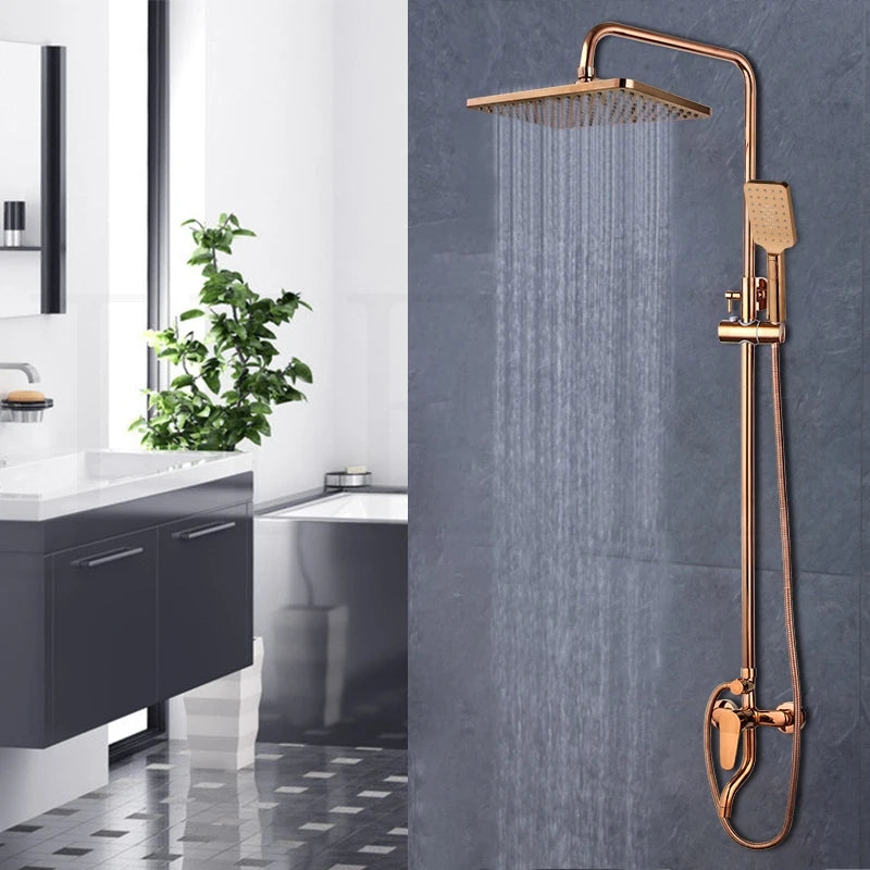 JIENI Luxury Rose Golden Shower Faucet Set Solid Brass Handle Bathroom Bathtub Mixer Rainfall Hand Shower & Spray Shower Facuet