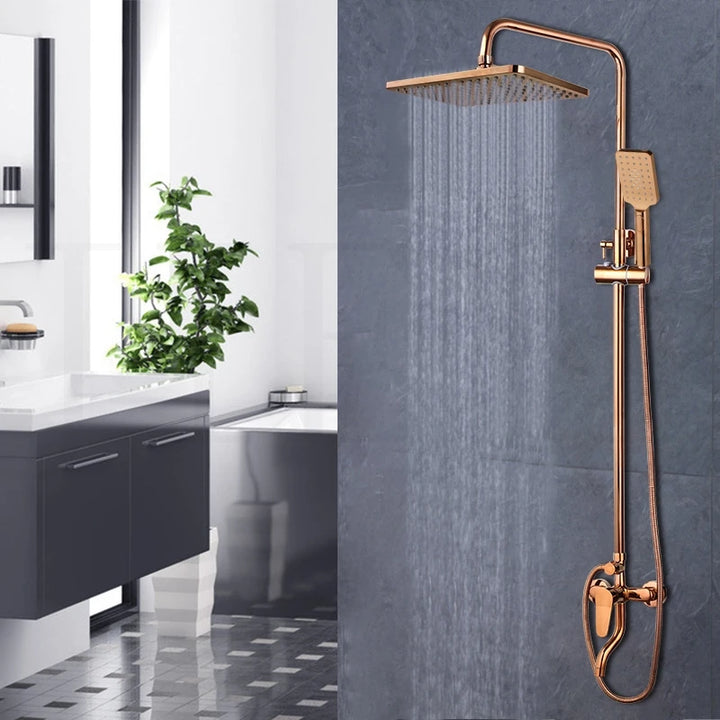 JIENI Luxury Rose Golden Shower Faucet Set Solid Brass Handle Bathroom Bathtub Mixer Rainfall Hand Shower & Spray Shower Facuet