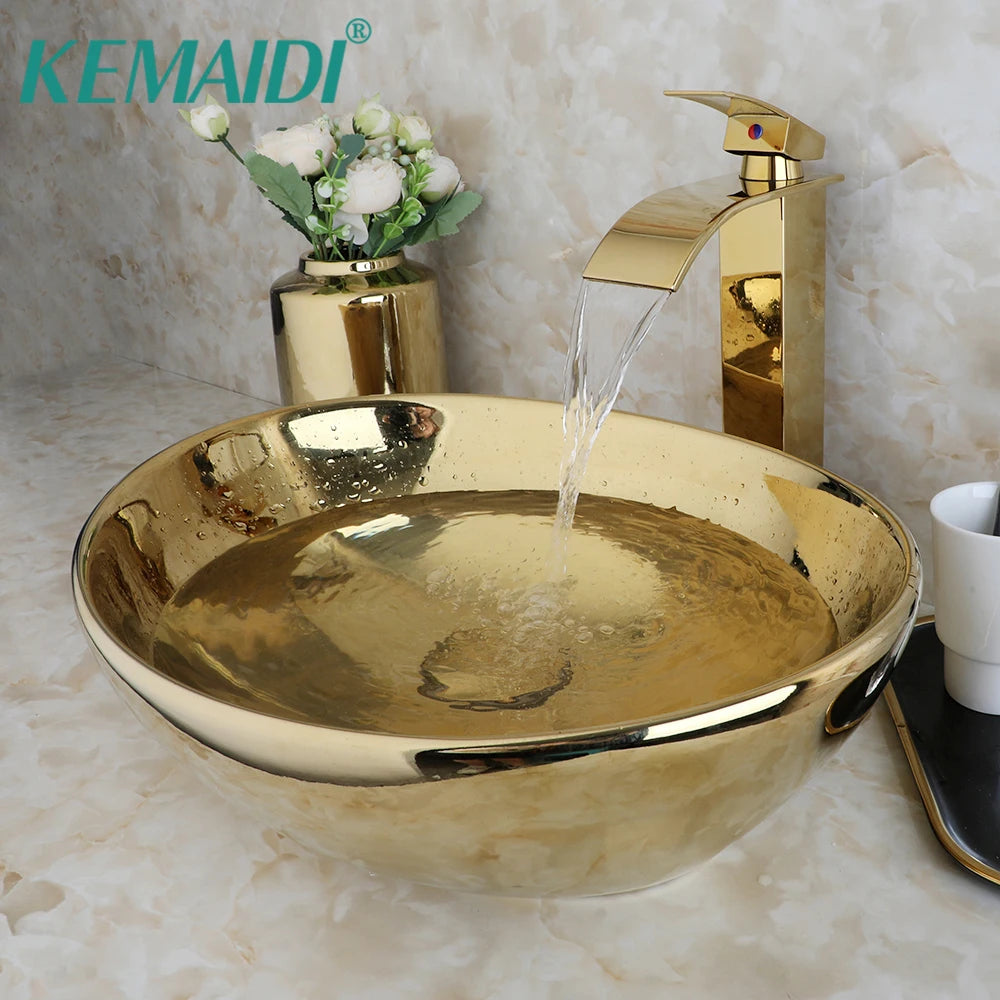 KEMAIDI Bathroom Vessel Sink 16 Inch Gold Ceramic Sink Bowl With Faucet Oval