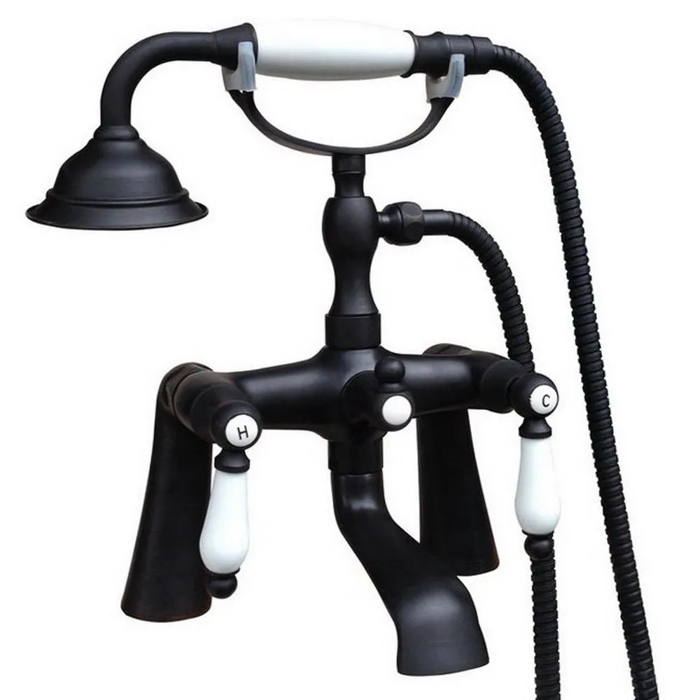 Black Oil Rubbed Brass Deck Mounted Bathtub Mixer Faucet Double Ceramic Handle Tub Water Taps With Handheld Sprayer Ntf504