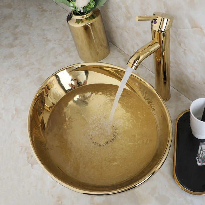 KEMAIDI Bathroom Vessel Sink 16 Inch Gold Ceramic Sink Bowl With Faucet Oval