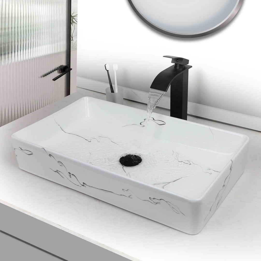 KEMAIDI Black Vanity Sink Rectangle Marble Bathroom Vessel Sink Above Counter Sinks for Bathrooms