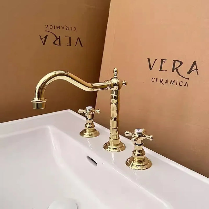 Luxury Gold Color Brass 3 Hole Basin Sink Faucet Dual Handle Hot and Cold Mixer Tap Plum Shape Nnf981