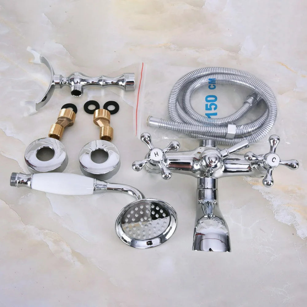 Dual Cross Handles Chrome Finish Bathroom Tub Faucet with Hand Held Shower Sprayer