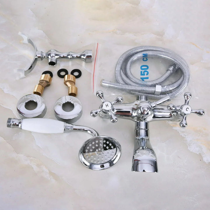 Dual Cross Handles Chrome Finish Bathroom Tub Faucet with Hand Held Shower Sprayer