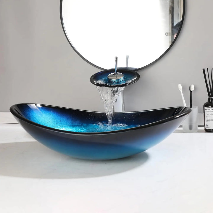 KEMAIDI Bathroom Sink Countertop Basin Bowl with Faucet Washroom Vessel Vanity Sinks Tempered Glass Basin Washbasin Faucet Set
