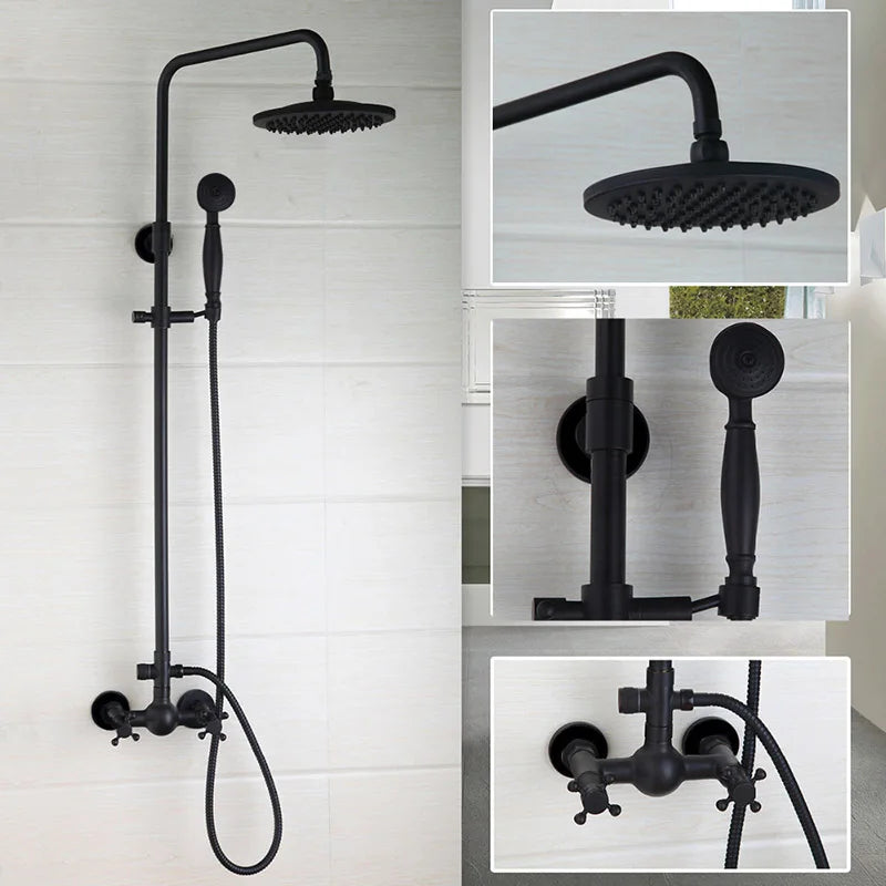 KEMAIDI Bathroom Black Shower Set Wall Mounted 8" Rainfall Shower Faucet 3-functions 2 Cross Handles Solid Brass Shower Fixtures
