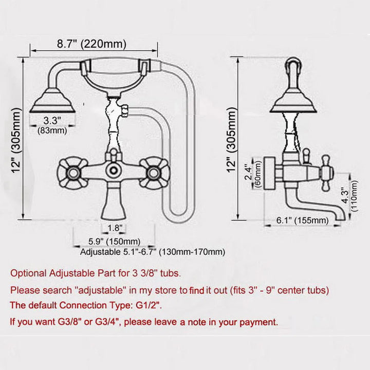 Dual Cross Handles Chrome Finish Bathroom Tub Faucet with Hand Held Shower Sprayer