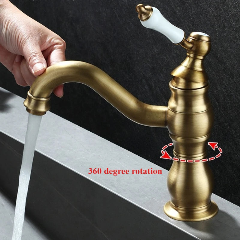 Vintage copper basin faucet French light luxury bathroom cabinet bathroom sink hot and cold water faucet can be rotated