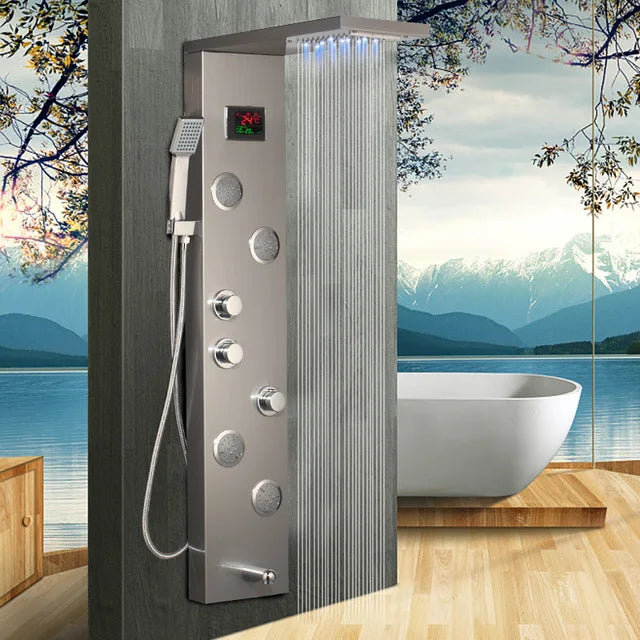 KEMAIDI Black Column  Shower Faucet Bath Shower System Temperature Digital Display LED Shower Panel Body Massage Jets 12 Choice