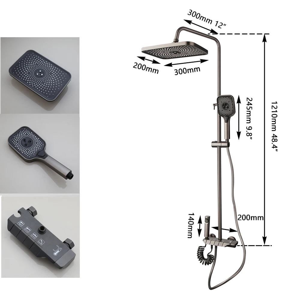 KEMAIDI Piano Key Shower Faucet Set Grey Shower System 4 Function Bathroom Rain Shower Combo Set Brass Bathtub Faucets Mixer