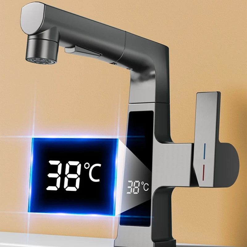 Digital Display Pulling Faucet Intelligent Temperature Sensor Brass Washbasin Taps Rotating Lifting Cold and Hot Water Mixer Tap