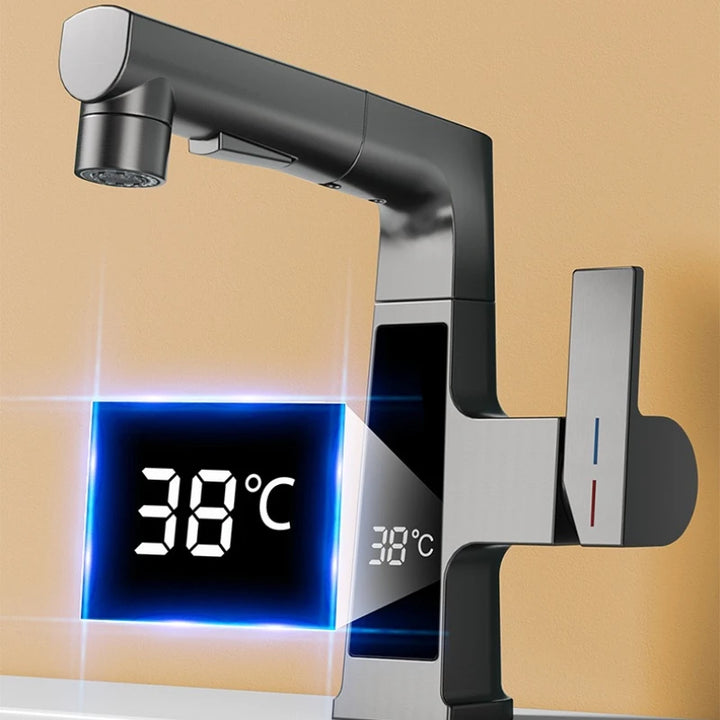 Digital Display Pulling Faucet Intelligent Temperature Sensor Brass Washbasin Taps Rotating Lifting Cold and Hot Water Mixer Tap