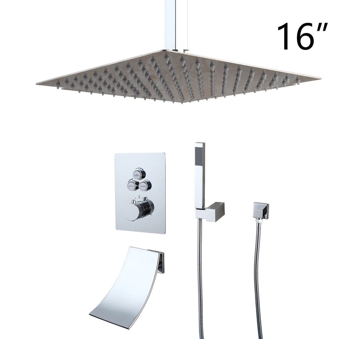 KEMAIDI Bathroom Wall Mount Thermostatic Rainfall Shower Faucet Set Chrome Concealed Shower System Waterfall Tub Spout Mixer Tap