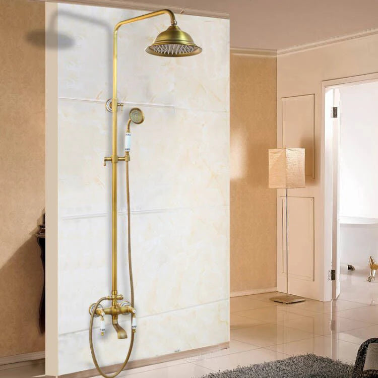 KEMAIDI Antique Brass Retro Vintage Bathroom Shower Faucet Set Wall Mounted Rainfall Shower Head Bathtub Mixer Shower Systerm