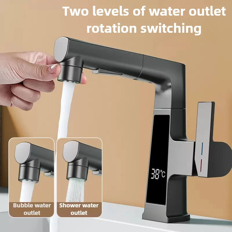 Digital Display Pulling Faucet Intelligent Temperature Sensor Brass Washbasin Taps Rotating Lifting Cold and Hot Water Mixer Tap