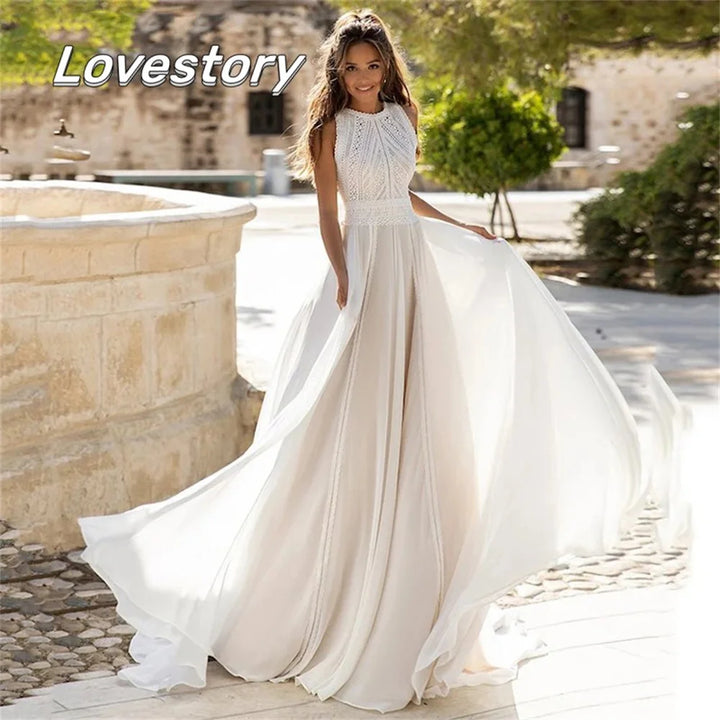 Chiffon Bohemian Lace Wedding Dresses A Line Lace Bride Robes O-Neck Cut-Out Bridal Gowns Sleeveless Open Back