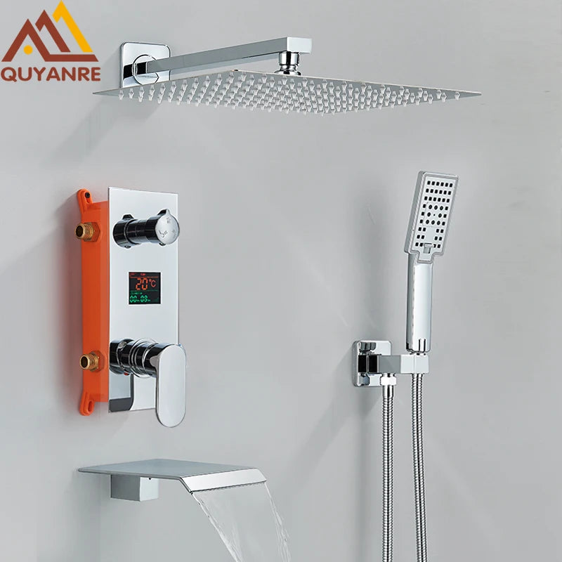 Chrome Bathroom Digital Display Shower Faucet Set Rainfall Shower LCD 2-way Mixer Tap Bathtub Shower System Bath Shower Mixer