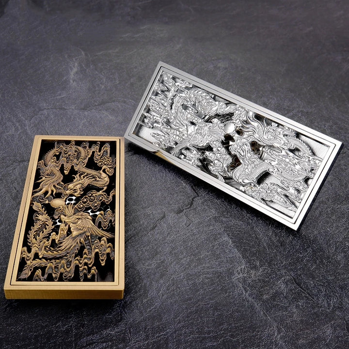 Dragon Phoenix Chinese Myth Antique Chrome Brass Linear Shower Drain 8.2x20CM Bathroom Floor Drainer Trap Waste Grate Strainer