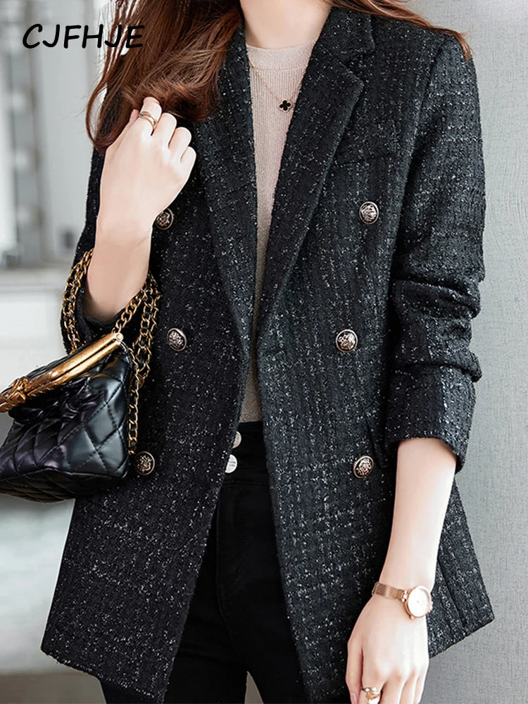 CJFHJE Navy Blue Winter Tweed Blazers Coat Women Thick Warm Long Sleeve Button Elegant Lady Jacket Coat Double-Breasted Overcoat