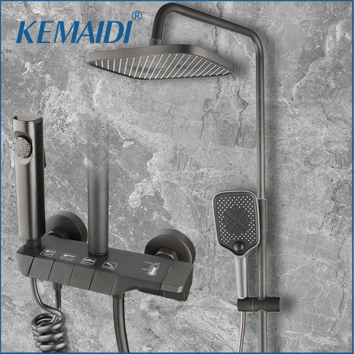 KEMAIDI Piano Key Shower Faucet Set Grey Shower System 4 Function Bathroom Rain Shower Combo Set Brass Bathtub Faucets Mixer