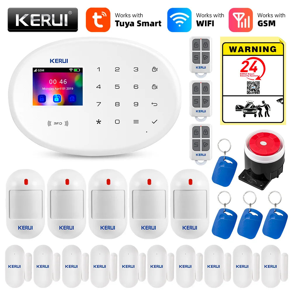 KERUI Tuya Smart WIFI GSM Alarm System Works With Alexa Home Security Wireless 433Mhz Burglar Alarm Door Window Sensor Detector