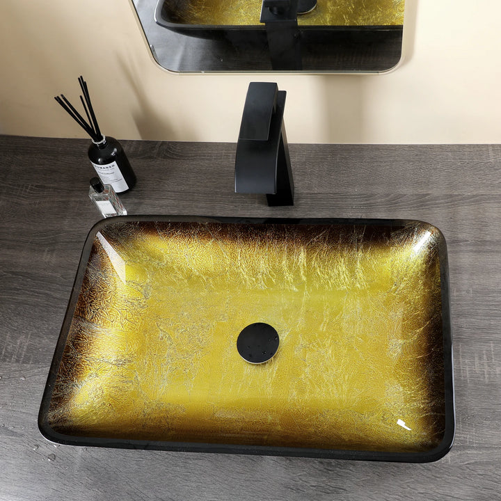 KEMAIDI Big Tempered Glass Basin Sink Washbasin Bathroom Vessel Sinks Counter Top Bowl Washroom Vessel Vanity Sink Faucet Set