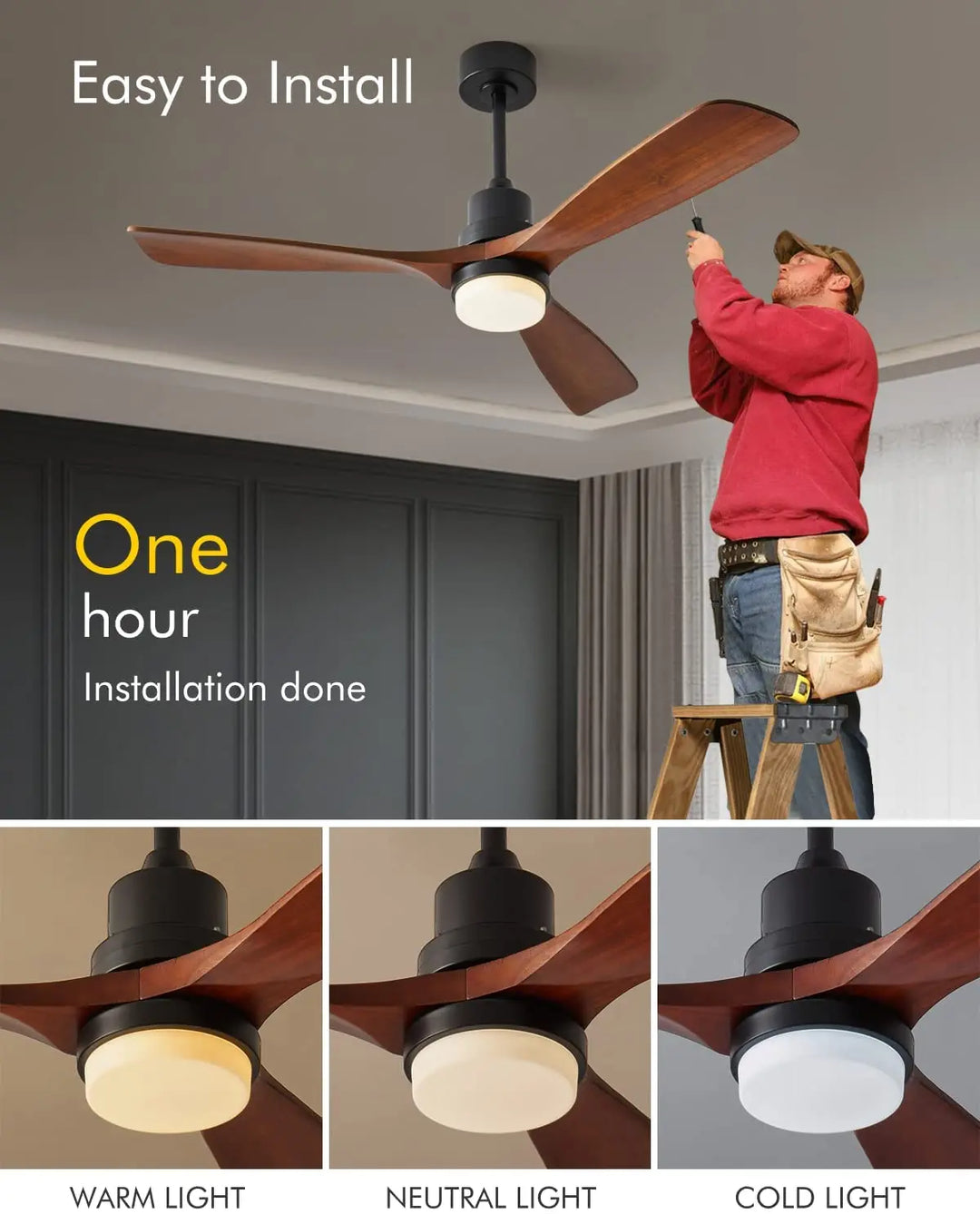 Industrial Ceiling Fans with Lights Remote Control Indoor Outdoor Wood Ceiling Fan with 3 Blade for Patio Living Room Bedroom