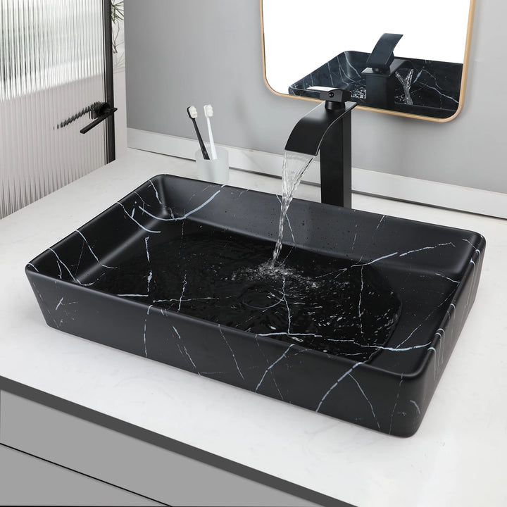 KEMAIDI Black Vanity Sink Rectangle Marble Bathroom Vessel Sink Above Counter Sinks for Bathrooms
