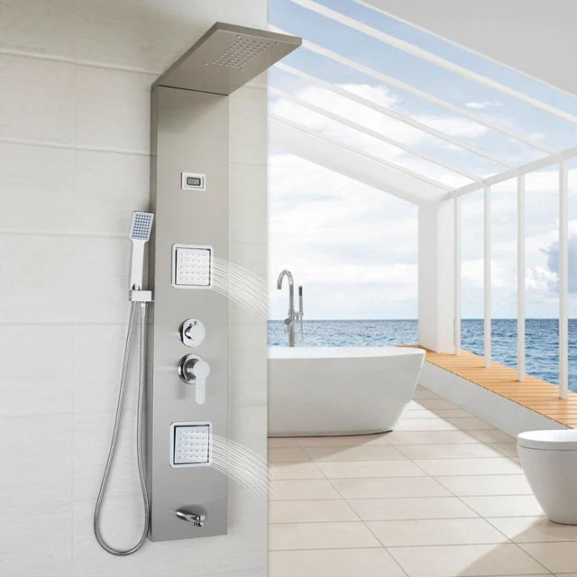 KEMAIDI Black Column  Shower Faucet Bath Shower System Temperature Digital Display LED Shower Panel Body Massage Jets 12 Choice