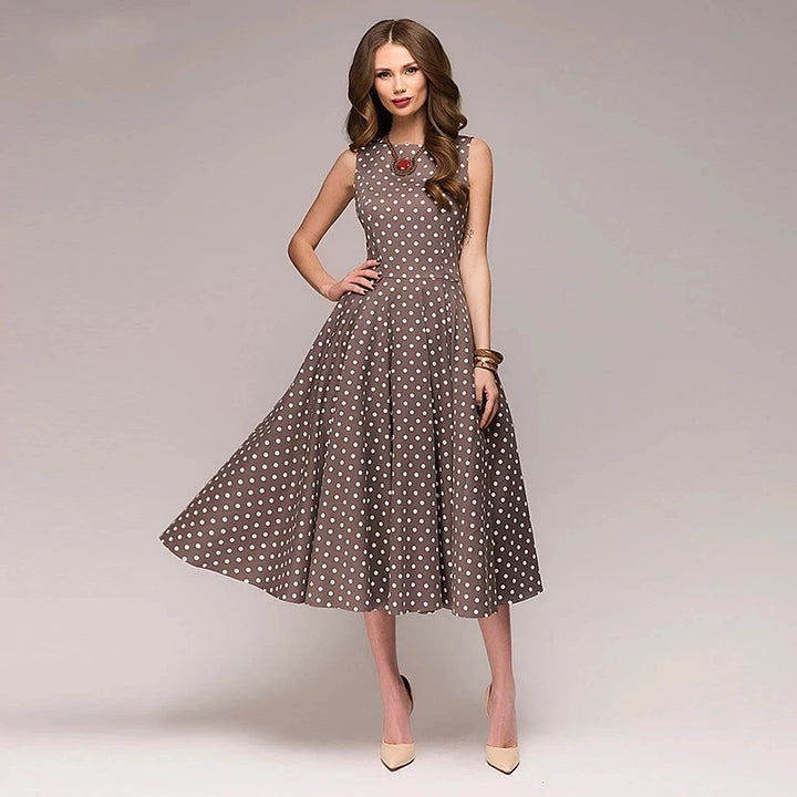 Vintage Dress Sleeveless O-neck Vestidos Women Elegant Thin Dot Printing Mid-Calf Casual Dress Female 2023 Summer New
