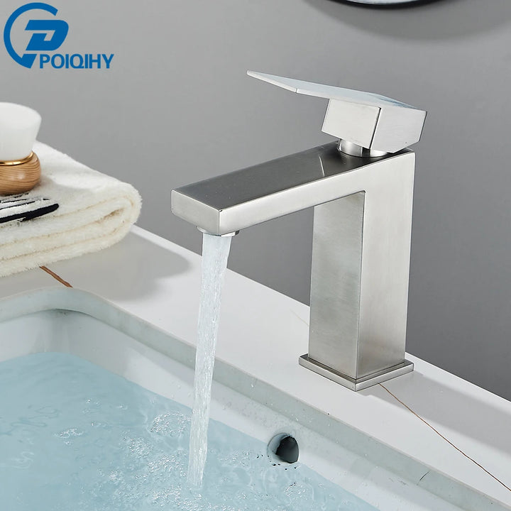 Brushed Nickel Basin Faucet Black Bathroom Faucet Deck Mounted Basin Sink Tap Mixer Hot & Cold Water Stainless Steel Faucet